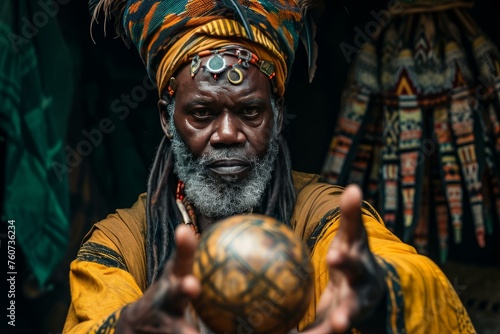 Revered African shaman. Costume tribal man. Generate Ai