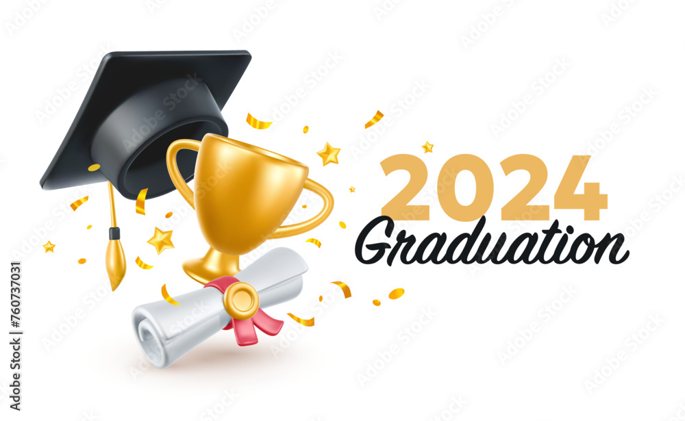 Vector illustration of graduate cap and diploma on white background. 3d ...