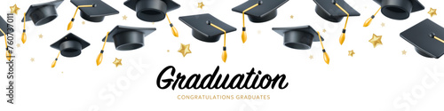 Vector illustration of graduate cap and star on white background. Caps thrown up pattern. 3d style design of congratulation graduates 2024 class with graduation hat and congratulations word