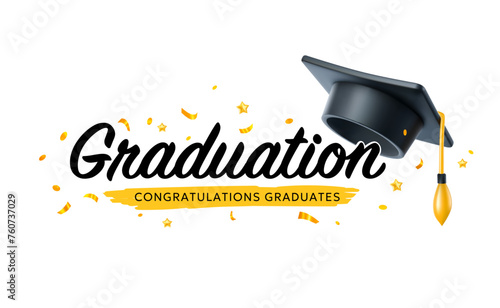 Vector illustration of graduate cap and star on white background. 3d style design of congratulation graduates 2024 class with graduation hat and congratulations word