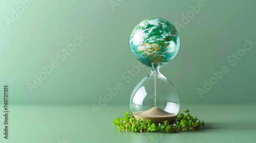Fototapeta Naklejka Na Ścianę i Meble -  Planet earth hourglass, with sand pouring down from above of sandglass, environmental conservation theme, global warming concept