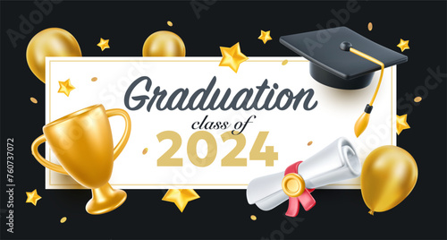 Vector illustration of graduate cap and air balloon on white and black background. 3d style design of congratulation graduates 2024 class with graduation hat and diploma. Congratulations word