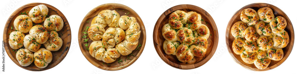 Collection of Garlic knots on wooden plate, top view, isolated transparent background Collection of Garlic knots on wooden plate, top view, isolated transparent background