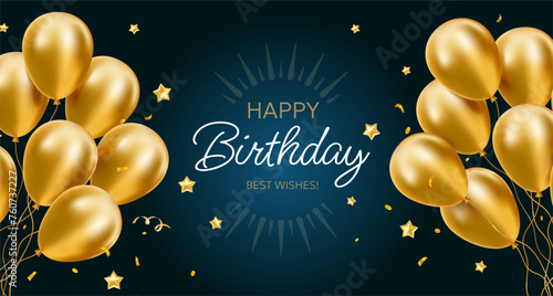 Vector happy birthday template with bunch of golden air helium balloon with star and text on dark background. 3d design of realistic holiday illustration of flying balloon