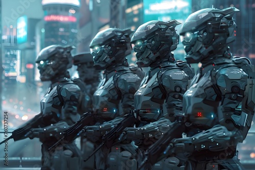 Three Men Arranging Theirselves in Front of an Urban Cityscape: Stealth Guardians, elite soldiers with cutting-edge stealth gear and high-tech face masks,