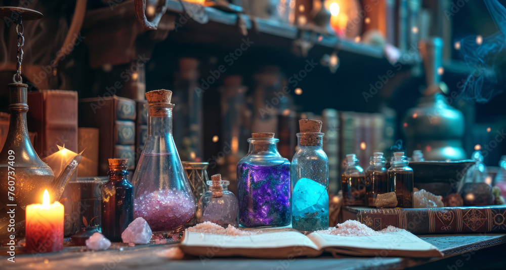 Illustration of occult magic magazine and shelf with various potions, bottles, poisons, crystals, salt. Alchemical medicine concept