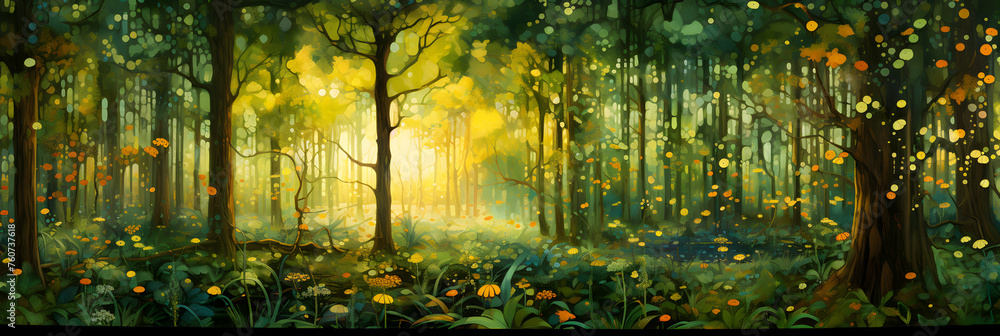 The Enchanting Rhapsody of a Verdant, Sun-Dappled Dense Forest Unfolding its Pristine, Wild Beauty