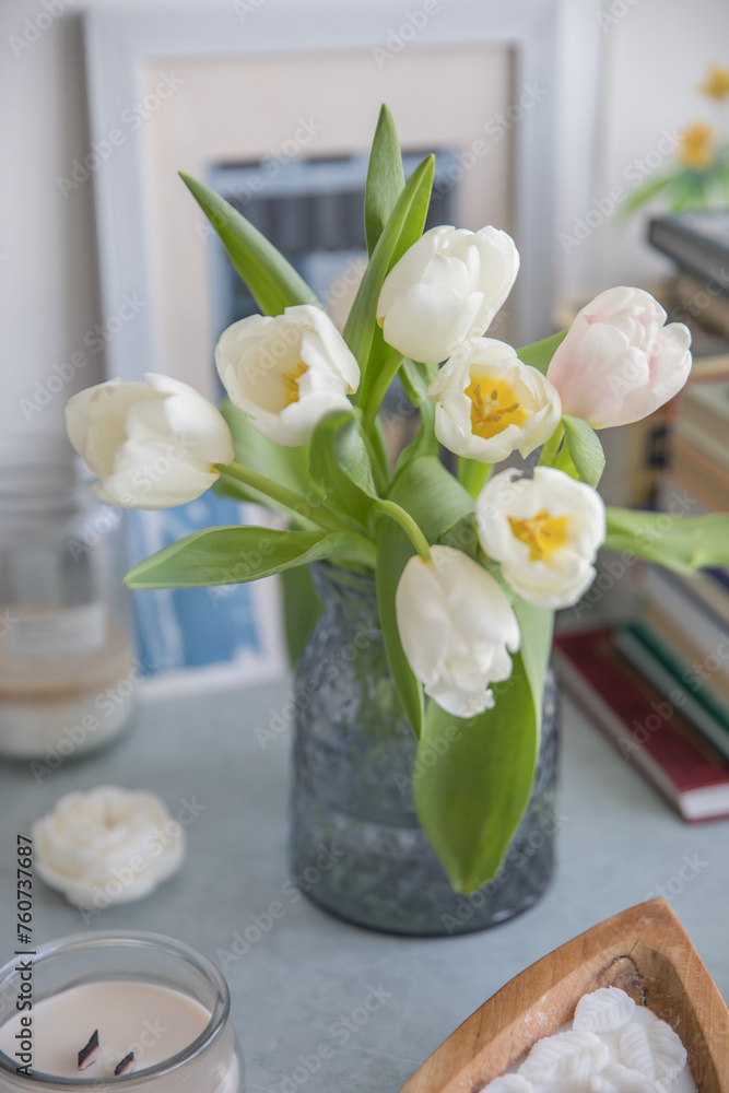 Bouquet of white tulips in the interior Bouquet of white tulips in the interior