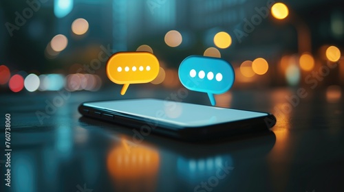 speech bubbles on mobile phone with alert notice. Comment or user reply sign, social chat sign and speech bubbles on modern smart phone screen, generative ai photo