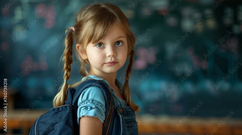 Cute girl, a junior school student, stands with a backpack on her back in classroom looking at camera getting ready to go to school. Concept of back to school, learning, school times, banner with cop Cute girl, a junior school student, stands with a backpack on her back in classroom looking at camera getting ready to go to school. Concept of back to school, learning, school times, banner with cop