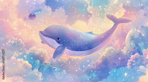 A charming cartoon whale floating among fluffy pastel colored clouds in a dreamy sky illustration © Sunday Cat Studio