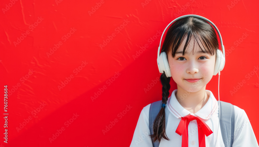 A Japanese schoolgirl stands on a red background with a backpack and wearing headphones, banner with empty copyspace for text. A Japanese schoolgirl stands on a red background with a backpack and wearing headphones, banner with empty copyspace for text.