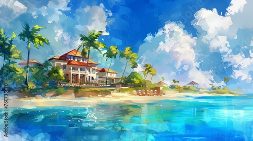 restaurant on tropical beach with sea and trees in summer holiday. Cartoon or anime watercolor digital painting illustration style.	