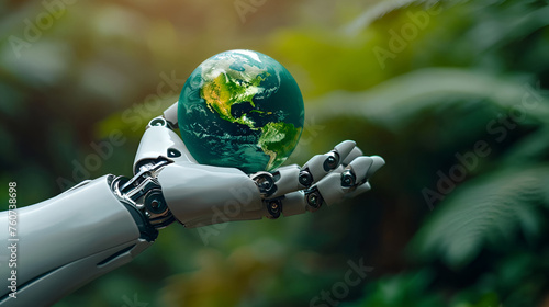 A model of the planet Earth is held by a robot hand