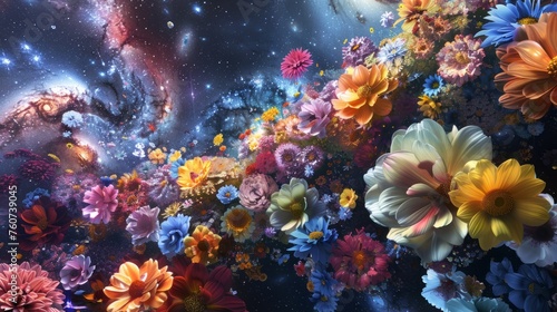 A concise depiction of a galaxy composed entirely of various types of flowers. 
