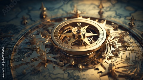 A compass surrounded by mechanical gears