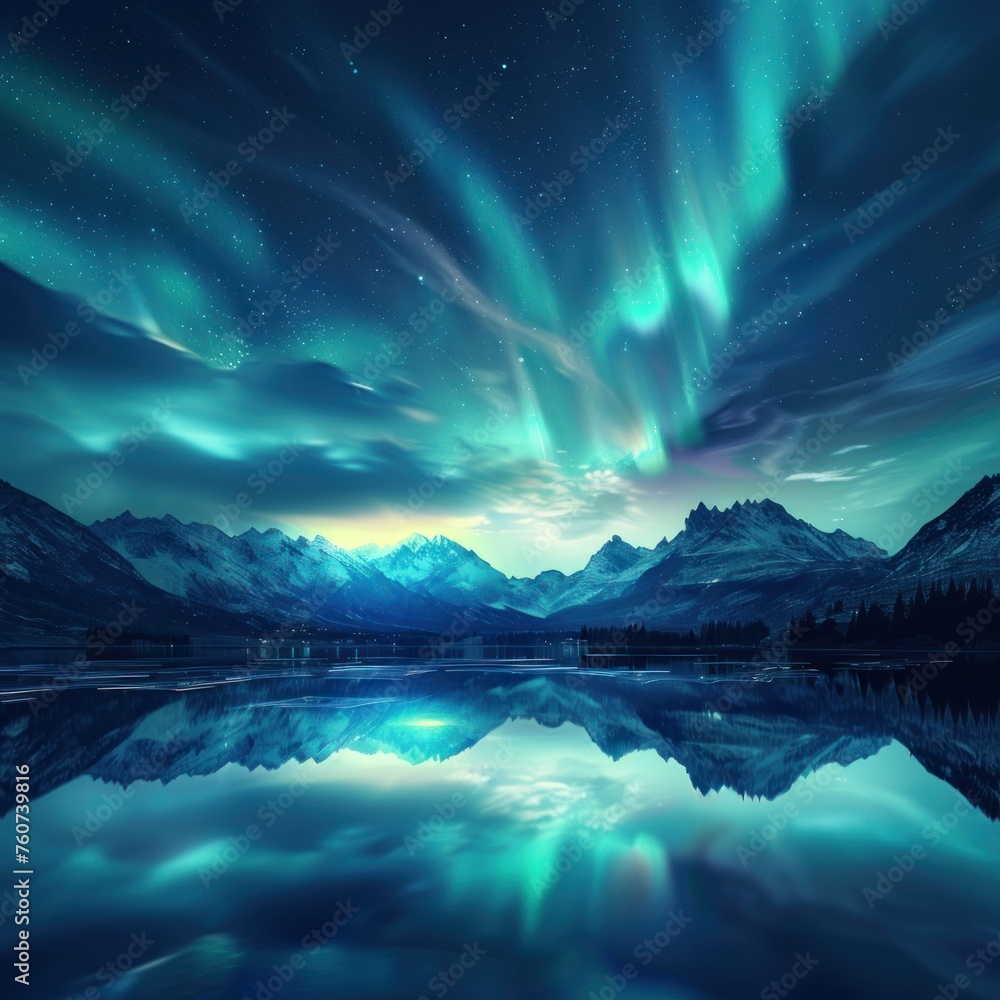 Northern lights over a tranquil lake