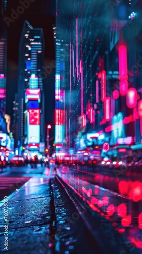 Neon-lit cityscape with superimposed stock market graphs