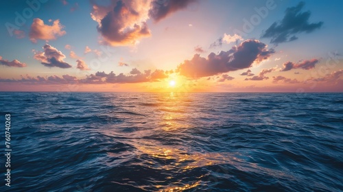 Inspirational sunrise shot over a calm sea with a quote about risk and opportunity in investing