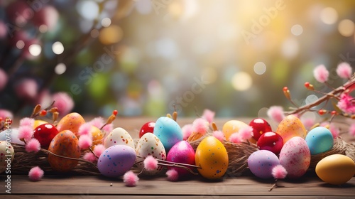 Wooden table with Easter eggs and blurred spring nature background