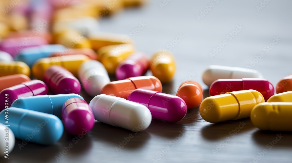A variety of colorful pills and capsules displayed neatly - obrazy, fototapety, plakaty 