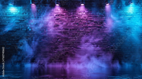 A studio space with a brick wall texture pattern, a blue and purple background, neon lights. © ryanbagoez