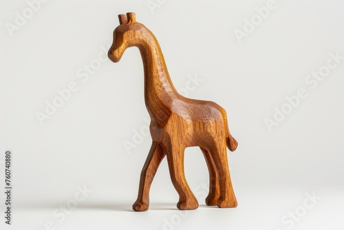 Wooden giraffe figurine on a white background showcasing wood grain details. photo