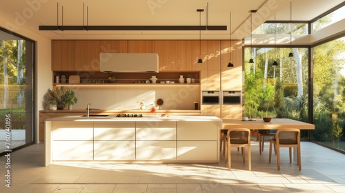 Modern minimalist kitchen in white colors with wooden walls, shelves,  with a large cooking area, kitchen island, table © Sunny