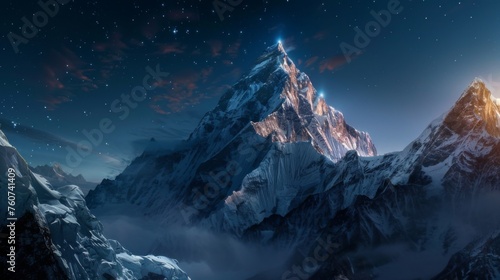 Mount Everest at night. Top of the mountain in the snow. The highest mountain