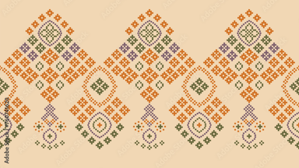 Traditional ethnic motifs ikat geometric fabric pattern cross stitch.Ikat embroidery Ethnic oriental Pixel brown cream background. Abstract,vector,illustration. Texture,scarf,decoration,wallpaper.