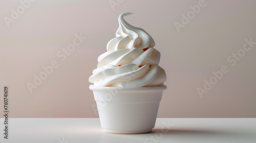 Vanilla Soft Serve Ice Cream in a White Paper Cup Against a Neutral Background