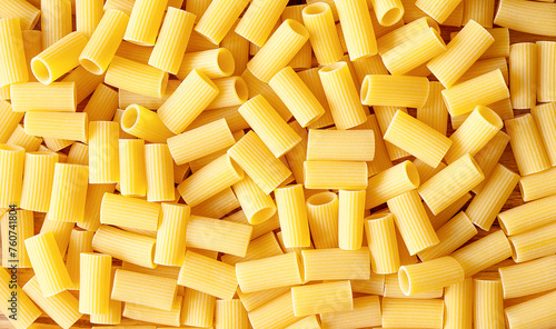 Italian Pasta Tortiglioni background. Closeup of rigatoni pasta