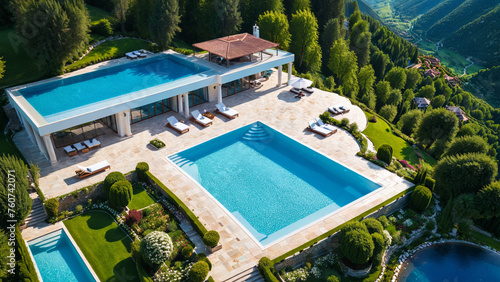 A drone shot of a luxury swimming pool in the mountains, luxury mansion and garden, mountain scenery, architectural, architecture inspiration, concept, modern building, travel, vacation  © aiximagination