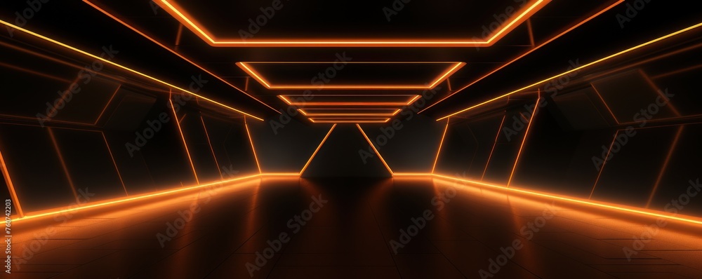 Obraz premium Orange neon tunnel entrance path design seamless tunnel lighting neon linear strip background