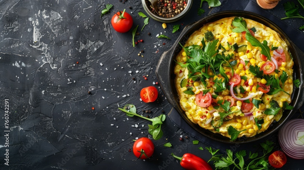 omelette scrambled vegetables and salad, healthy snack (corn, tomato, onion and other ingredients) menu concept background. top view. copy space