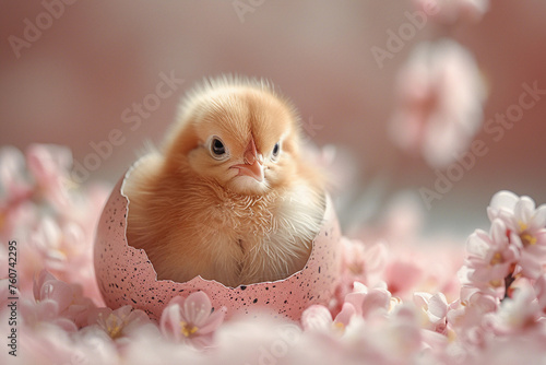 a cute chick in a cracked pink easter egg © pcperle