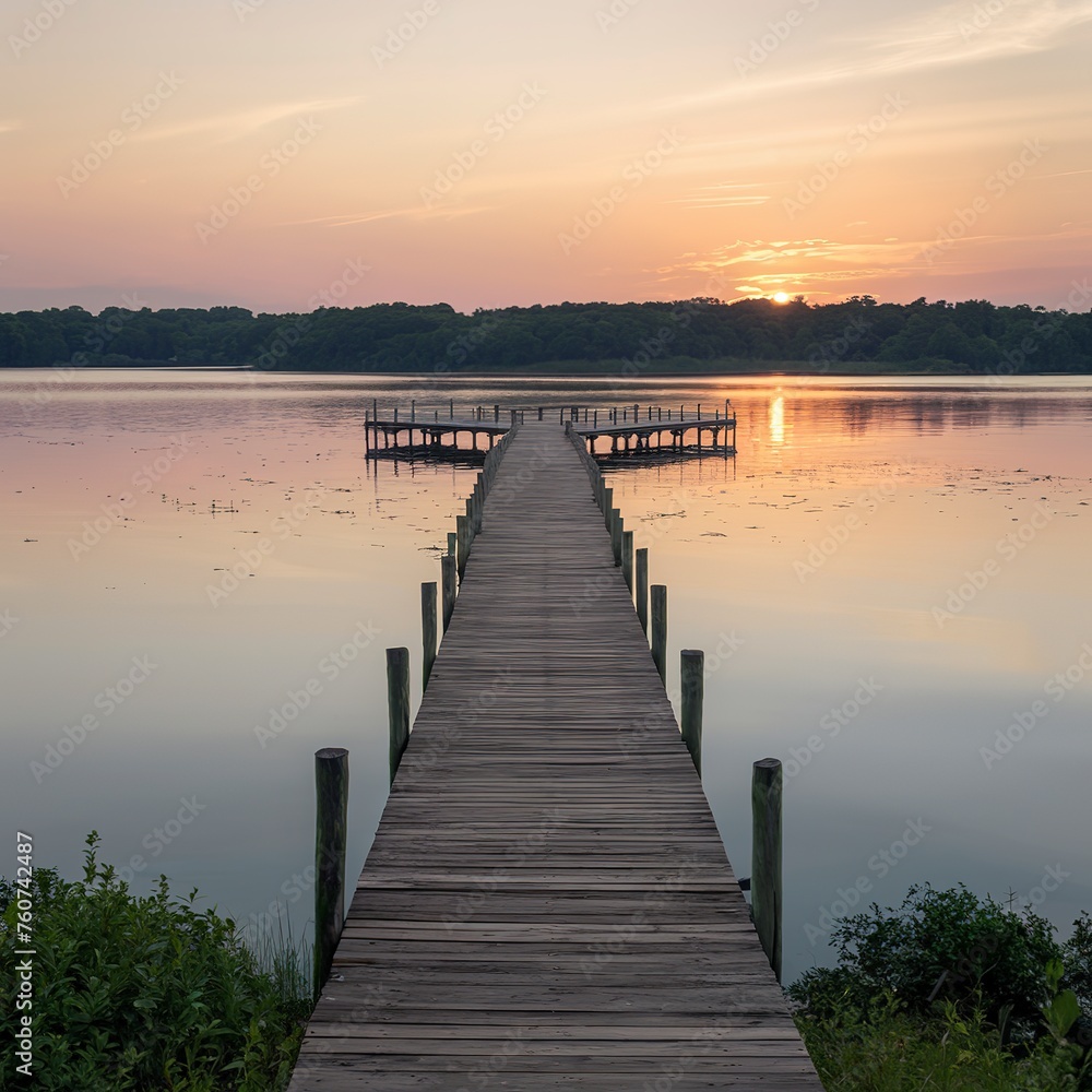 A long wooden pier on a smooth lake.