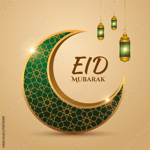 Eid Mubarak  blue crescent moon and lantern design 