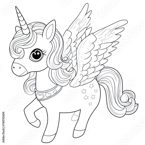 Cute unicorn with wings  coloring book  vector illustration