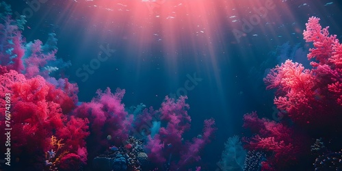 Thriving coral reef illuminates the depths of the deep sea. Concept Underwater Photography, Marine Ecosystems, Colorful Coral Reefs, Deep Sea Exploration, Ocean Conservation © Ян Заболотний