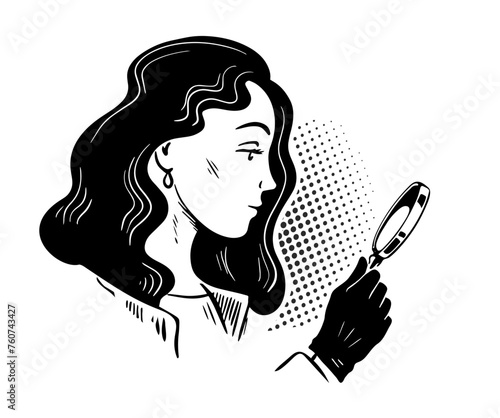 Woman detective with a magnifying glass in his hand. Investigation and search for evidence. Vector sketch illustration. Black and white sketch