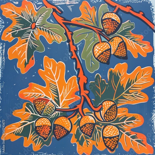 A painting featuring detailed leaves and acorns on a vibrant blue background