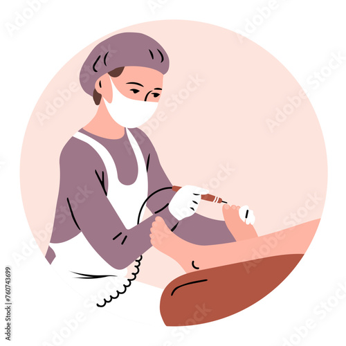 Podiatric beauty salon. A female podiatrist performs a pedicure procedure on a client. Health and beauty of feet. Vector illustration