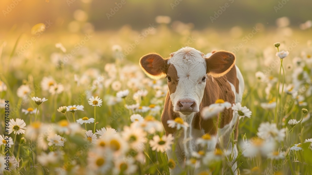 light brown and white calf standing amidst a field of blooming white flowers, daisies