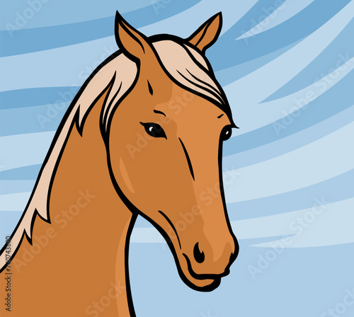Portrait of a beautiful horse. Horse head. A elegant animal with a mane and hooves. Cartoon vector illustration. Hand drawn line