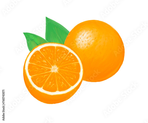 Orange with leaves. Tropical citrus fruit. Healthy food. Garden and harvest. Design for label. Illustration isolated on white background. Hand drawn outline