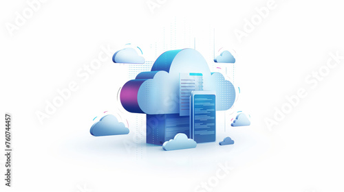 Cloud with documents and databases in the center blue and white