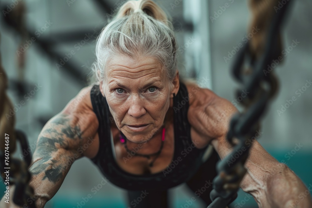 Obraz premium Determined Aged woman gym training. Shape person. Generate Ai
