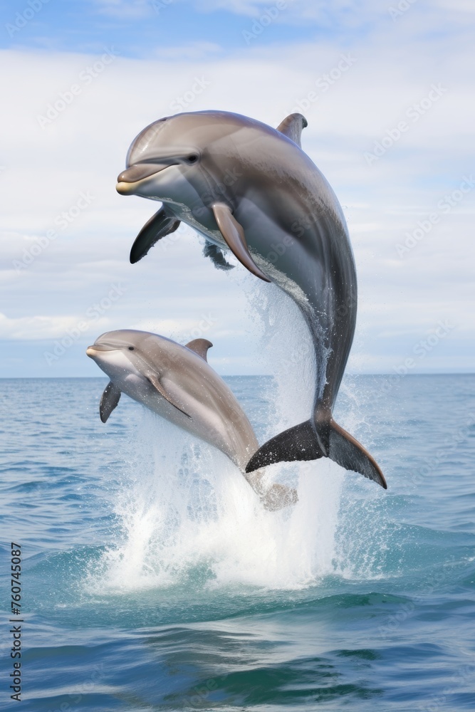 Obraz premium A couple of playful dolphins jumping out of the water AI generated illustration