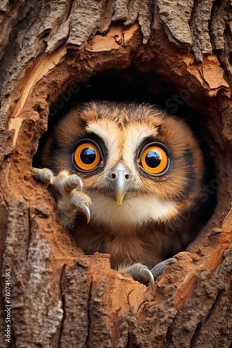 A big-eyed owl baby peeking out of a tree hole  AI generated illustration © Olive Studio